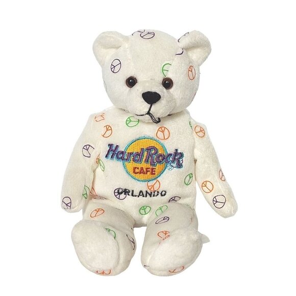 Hard Rock Cafe Orlando Peace Sign Teddy Bear Plush Stuffed Animal 2004 9" - Picture 1 of 6